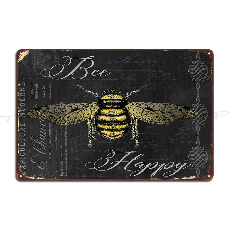 Bee Happy Metal Plaque Poster Cinema Pub Painting Tin Sign Poster