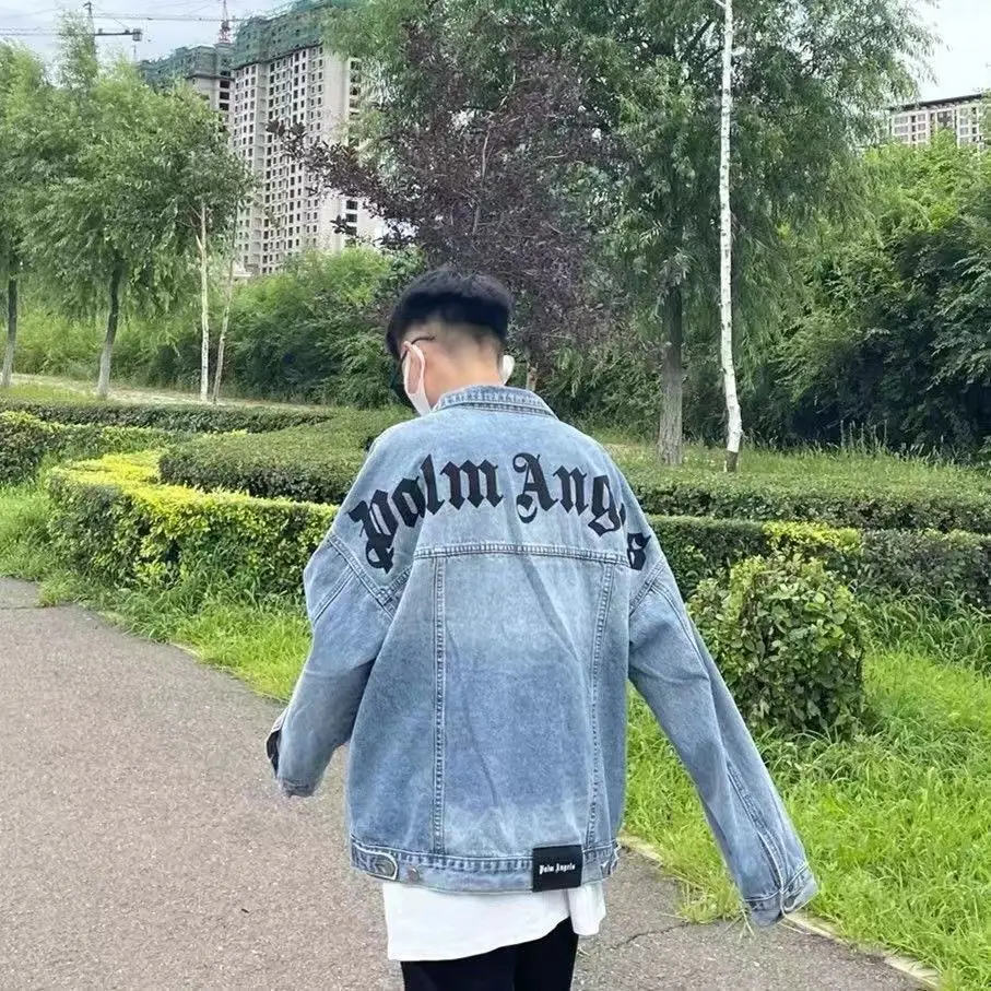 Couple's for Men's Same Print Denim Jacket 2024Spring Long Sleeve Retro Back Text Jeans Jacket Love Girl Street Bomber Outerwear