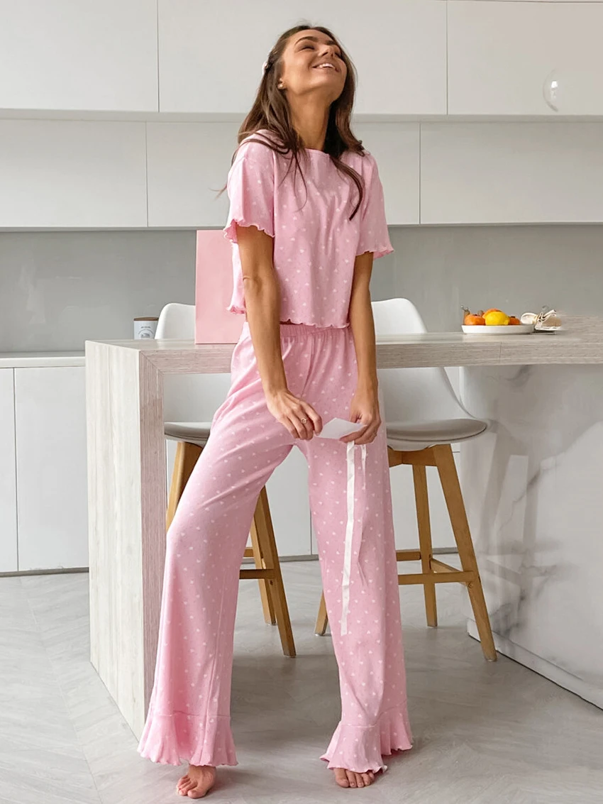 

Marthaqiqi Pink Printing Ladies Nightwear Set O-Neck Sleepwear Short Sleeve Pajamas Crop Top Nightgown Pants Causal Pyjamas Suit