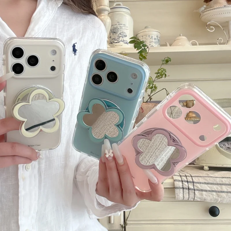

Korean Ins Solid Color Matte Magnetic Phone Case For iPhone 17 Pro 16 15 14 Pro Max Cover with Flower Mirror Stand Cases For Mag