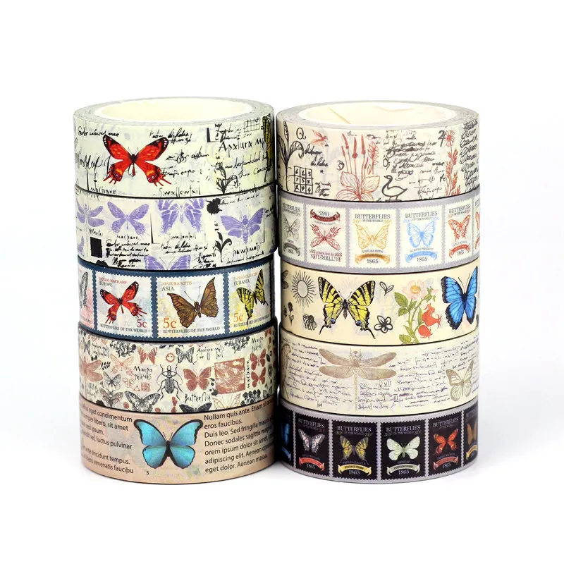 NEW Wholesale 10PCS. Decorative Vintage Butterflies Washi Tapes Set for Scrapbooking Journaling Masking Tape Cute Stationery