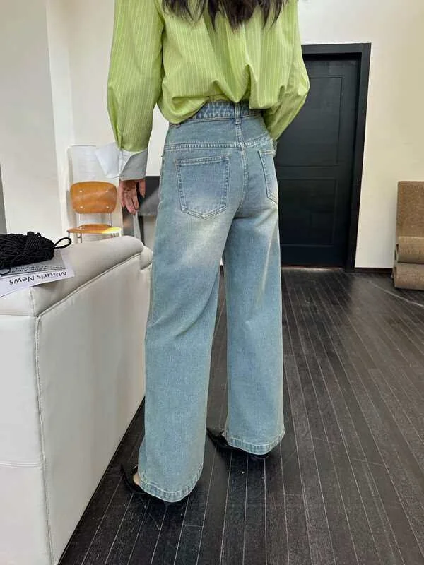 

Spring Retro Light Blue Loose Wide Leg Women's Jeans High Waist Cleanfit Sle PU Fabric Mid-aged Women's plus Size Jeans