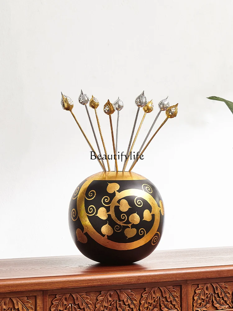 Southeast Asian Style Home Vase Wood Carving Craft Accessories Ornaments Flower Arrangement