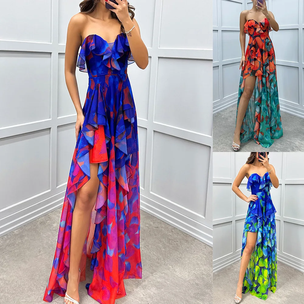 

Women Sexy Strapless Ruffle Irregular Maxi Dress Spring Print Mesh Pleated Long Dress Summer Off Shoulder Backless Party Dresses