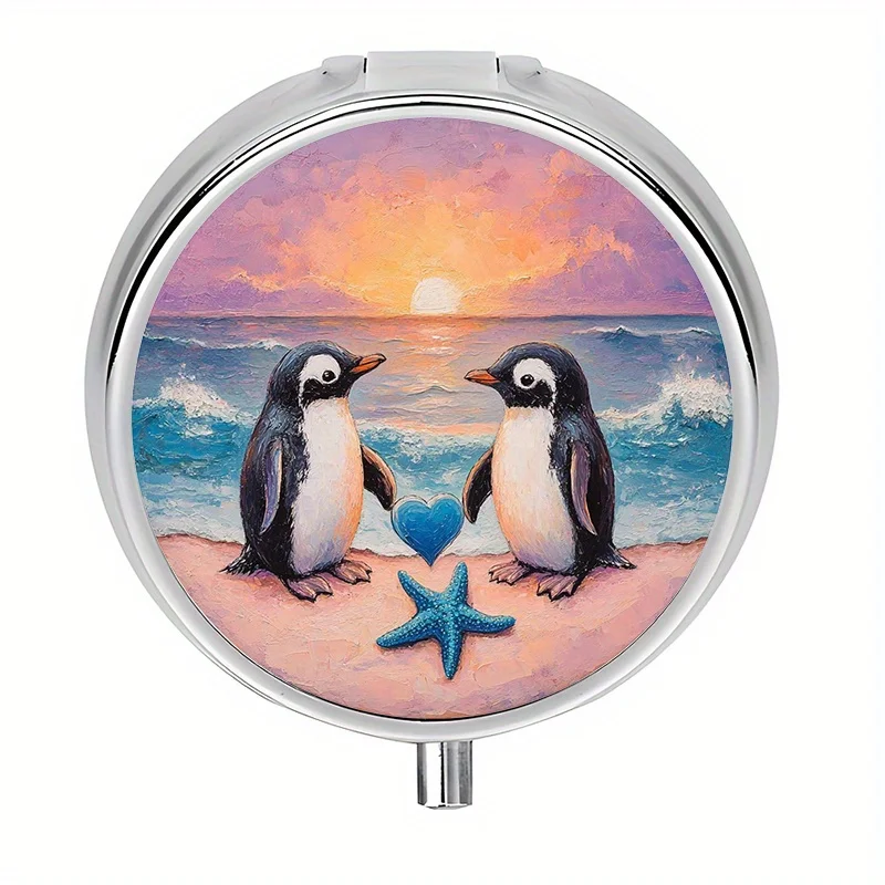 Single-piece, flat, round three-compartment pill box, designed with penguin and starfish patterns, a portable travel pill box and medication aid, a special art piece, suitable for gifting to the elderly or friends, made of metal