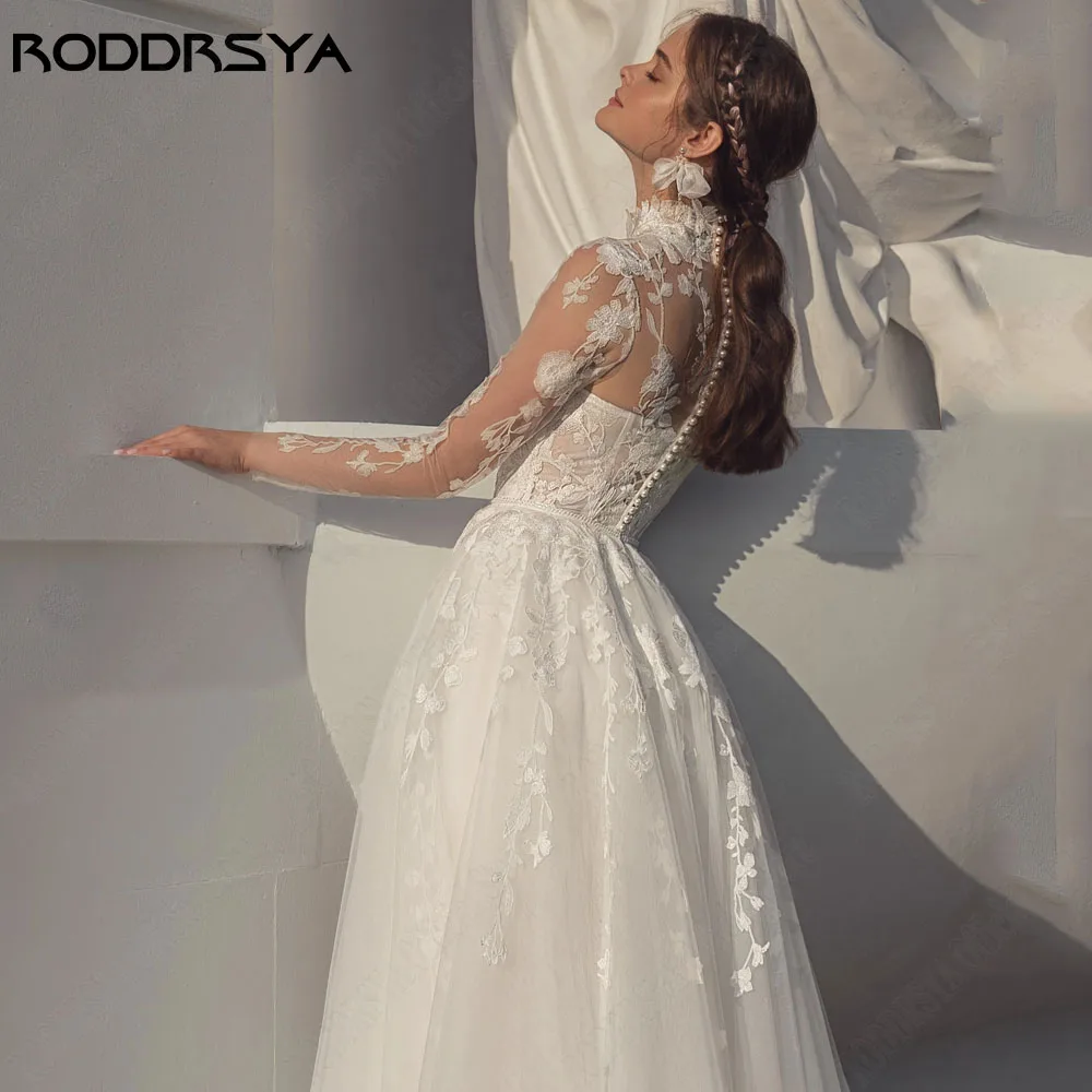 Roddsya exquisito vestido de novia de manga larga, cuello alto, falda desmontable, calcomanRODDRSYA exquisito vestido de novia de manga larga, cuello alto, tren desmontable, apliques de tul de línea A, vestido de novia