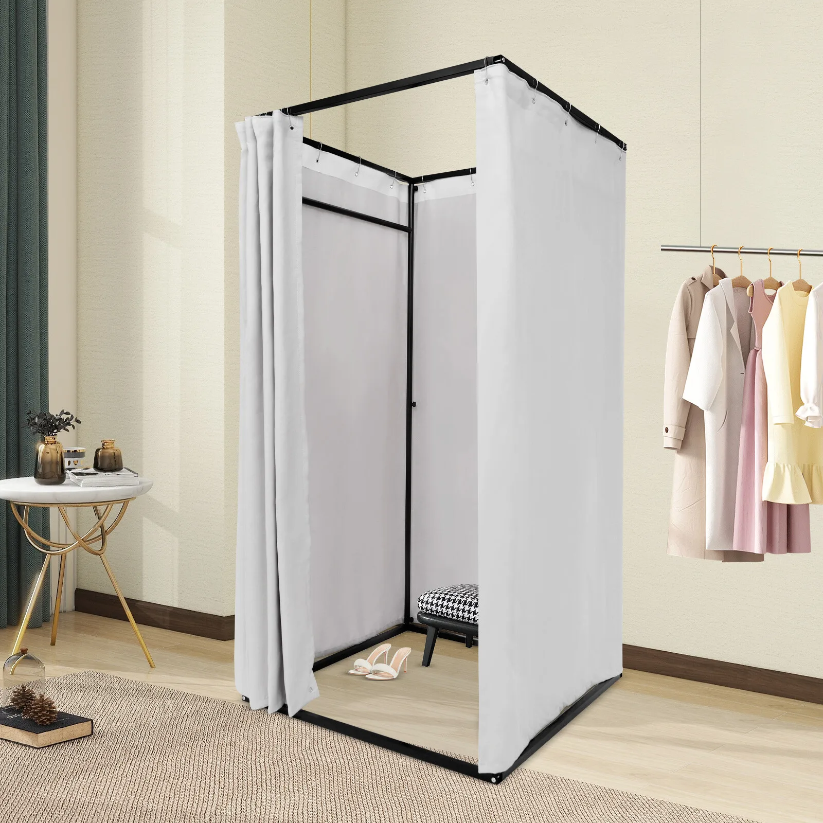 Portable Fitting Room with Iron Frame & Linen Curtain Fits 3-4 People  Freestanding Privacy Dressing Tent for Home Store Outdoor