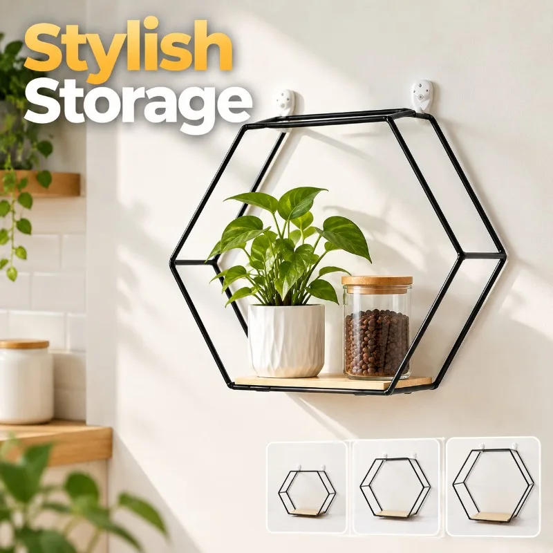 Hexagonal Wall Mounted Iron Storage Rack, No Drill Floating Shelf, Self-Adhesive Wall Organizer for Kitchen, Bathroom