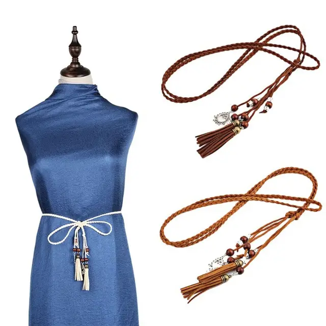 Dulce para mujer, accesorios de vestido de cuerda tejida, estilo bohemio, cinturones con borlas de estilo chino, cinturón trenzado, cadena de cintura con cuerda