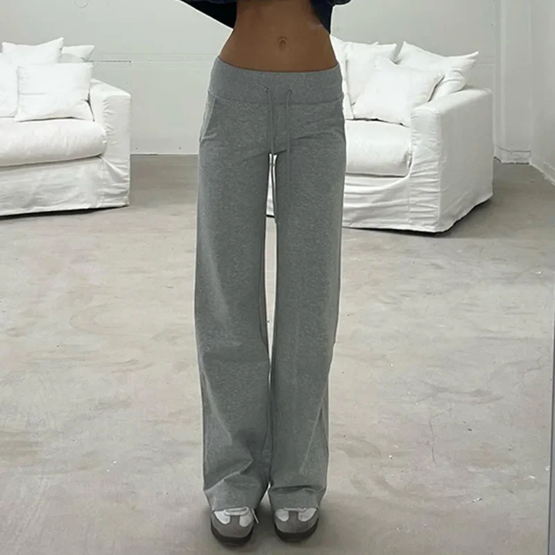 Solid Grey Casual Sweatpants Women y2k Straight Streetwear Pockets Trousers Women Korean Sporty Outfits 90s Pants New
