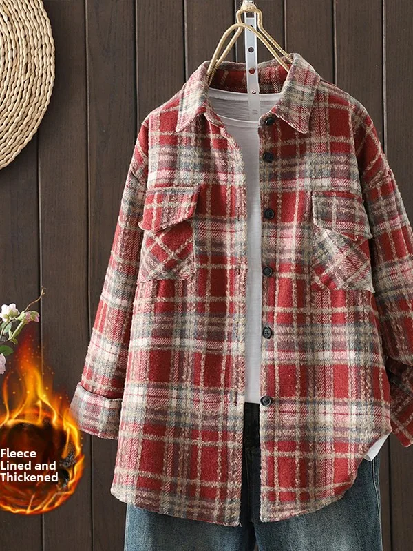 Thiened Wollen Plaid irt Dames Herfst Winter Koreaanse Sle Fce Gevoerd Casual Bovenkleding Loose Fit Warm High End irt