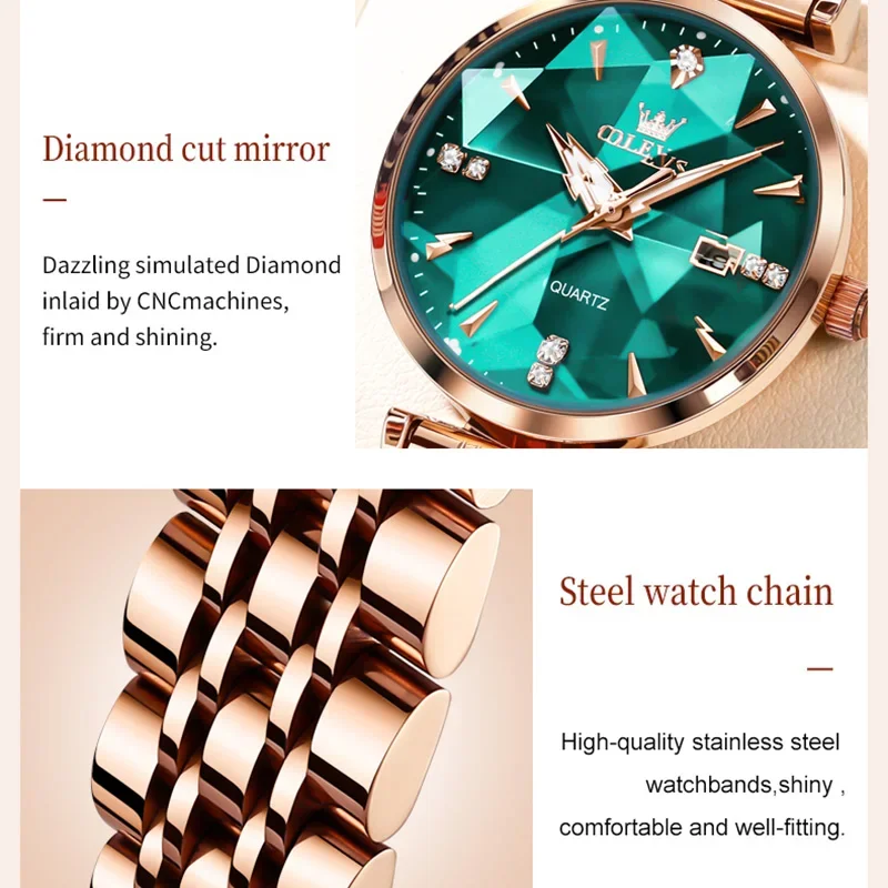 OLEVS 5536 Quartz Luxury Diamond-shapedWatch For Women, Stainless Steel Strap Waterproof Fashion Women Wristwatches Calendar