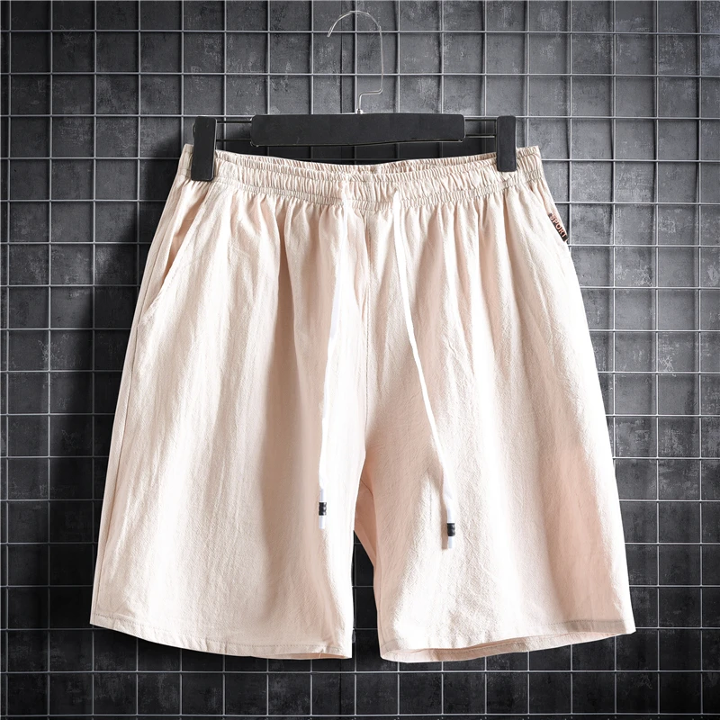 M-5XL Plus Size Men's Shorts Elastic Waist with Drawstring Sportwear Plain Color Cotton Linen Casual Short Pants Summer Clothing