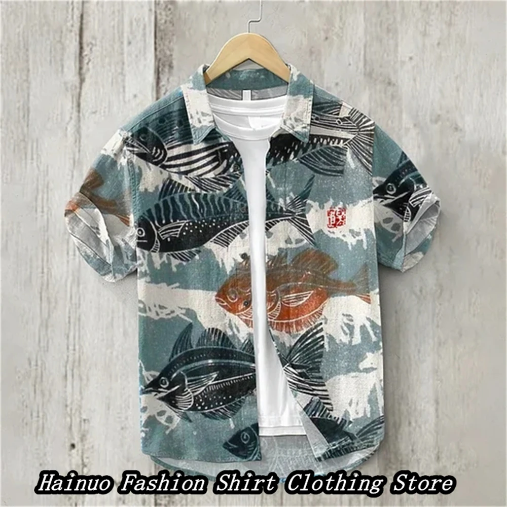 2024 New Men\'s Shirt 3D Print Summer Casual Japanese Style Retro Linen Shirt Loose Independent Station XS-5XL