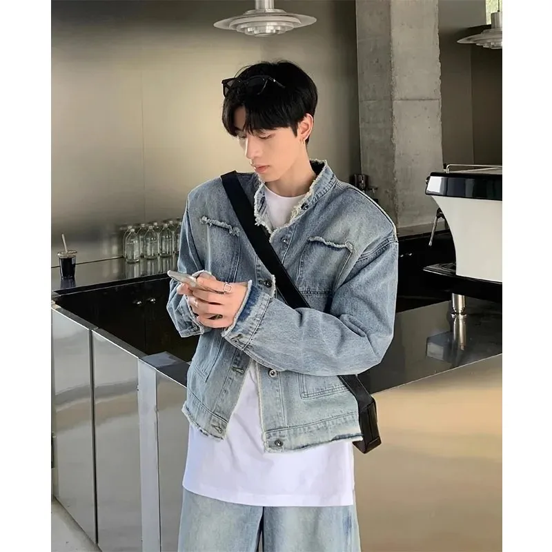 Autumn Denim Set Men Denim Jacket +Wide Leg Straight Jeans Casual Loose Solid Color Korean Style Street Stand Collar 2pcs Suit