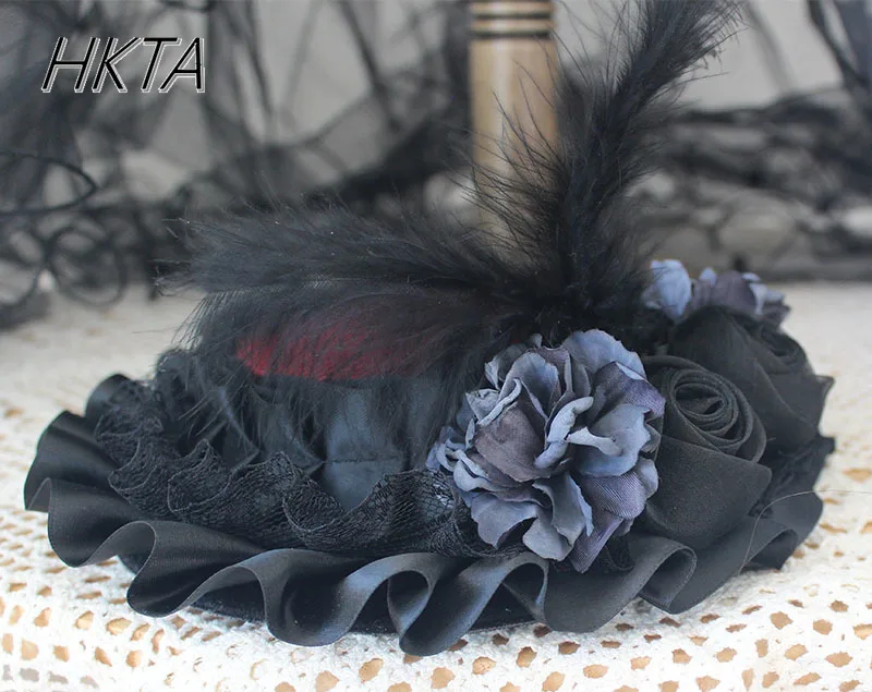 ฤดูใบไม้ผลิและฤดูร้อน Lolita ฮาโลวีน Headwear Feather ดอกไม้ลูกไม้ผู้หญิงอุปกรณ์เสริมผม Burgundy หมวกสาว Headpieces หมวก