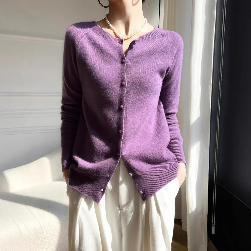 

100% Pure Wool Women's round Neck Knitted Sweater Simple Base Layer Cardigan Full Sleeve Length from Mainland China