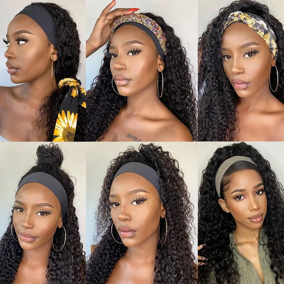 Deep Wave Headband Wigs Human Hair Pull Go Glueless Wig Half Wigs Full Machine Made Deep Curly Headband Wig 180%