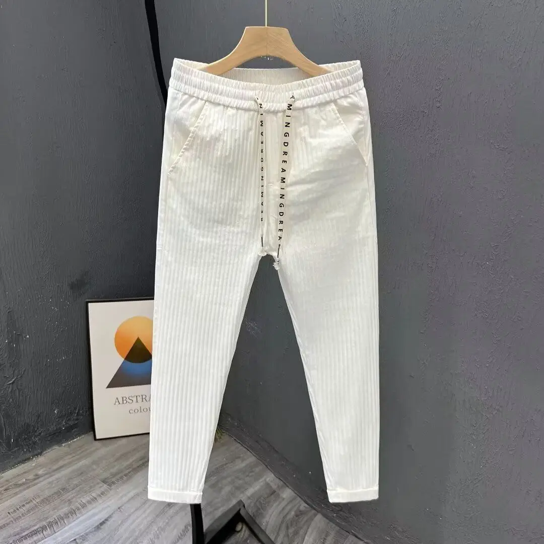 

Модные мужские повседневные брюки Haome, летние и осенние, трендовые, облегающие, молодежные, новые, простые, с вертикальными полосками, утягивающие фигуру