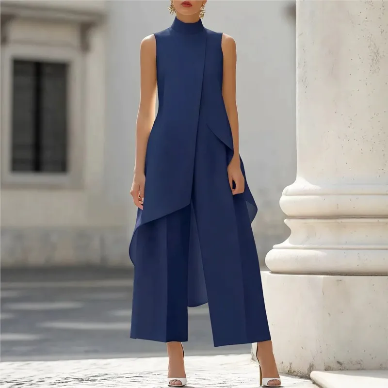 

Elegant Women 2 Piece Set Sleeveless Stand Collar Split Irregular Long Top+Wide Leg Pant Casual Loose Summer Matching Set Outfit