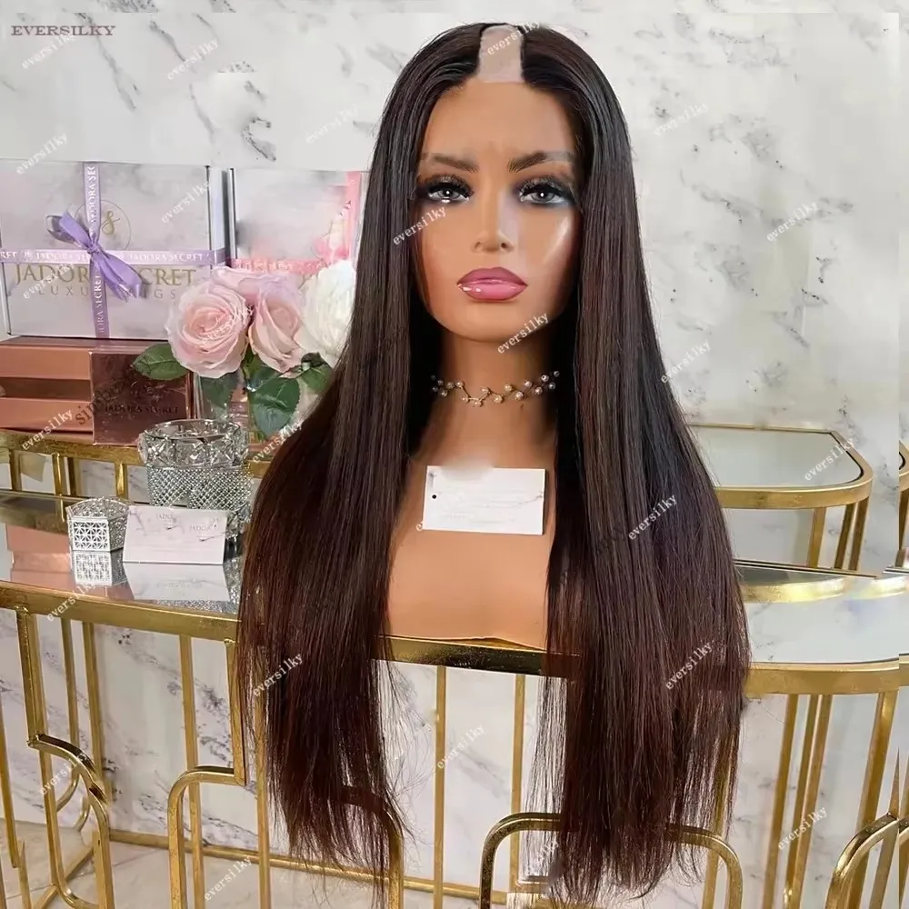 

Ombre Dark Chocolate Brown Bone Straight 100% Human Hair V Part Wigs Unprocessed Glueless Chestnut Blonde U Shape Full End Made
