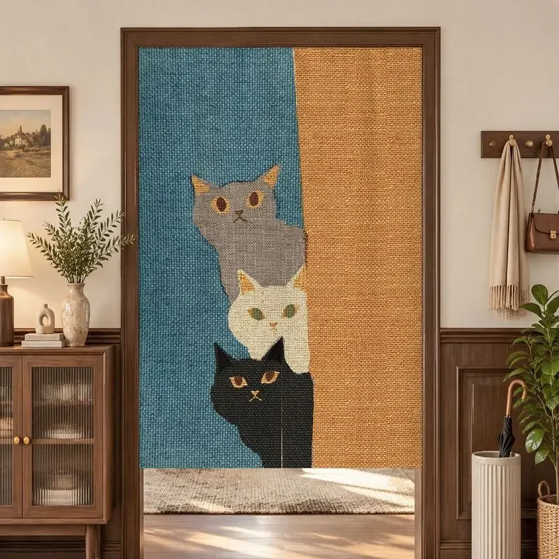 Three Cat Door Curtain Retro Oil Painting Cat Fabric Door Curtain Non Perforated Bedroom Entrance Privacy Partition Curtain