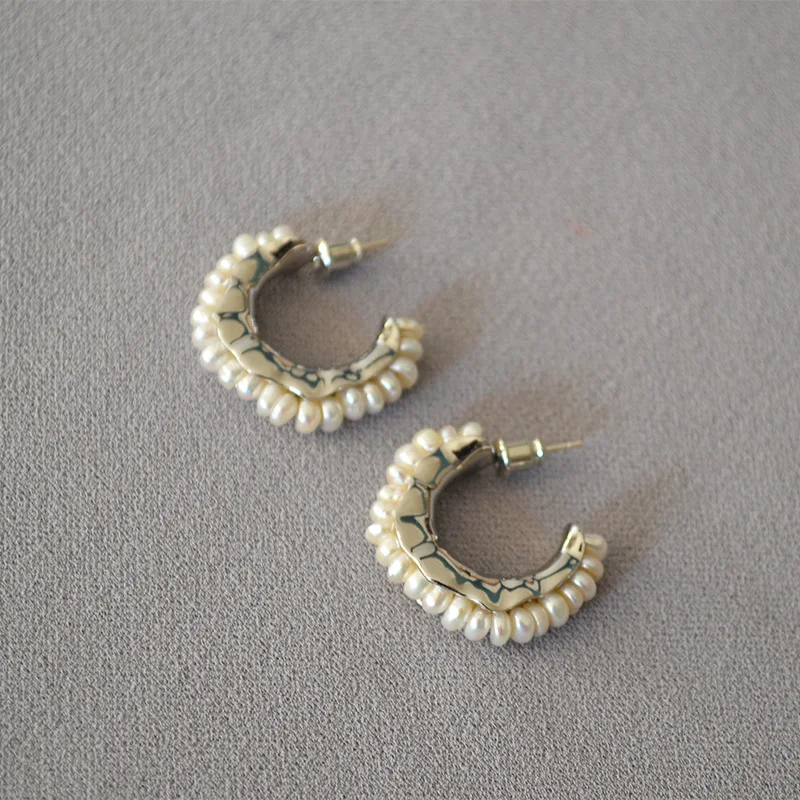 BK Studio C-shaped Romantic Style Silver Color Freshwater Irregular Baroque Pearl 925 Silver Needle Elegant Hoop Earrings