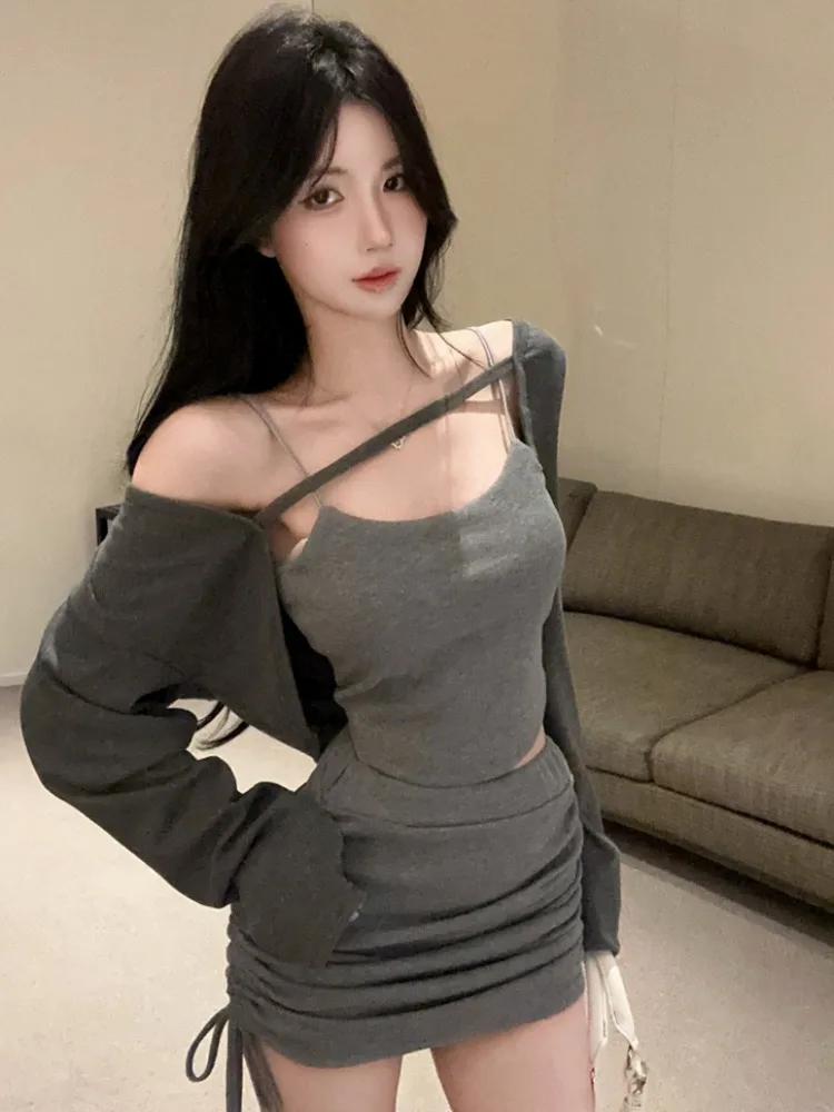 

Fashionable Three-Piece Set Women's Pure Desire Spicy Girl Style Long Sleeve Drawstring Wrap around Halter Skirt Autumn ...