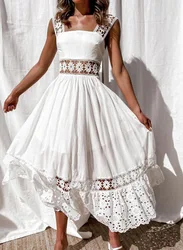 Vestido Sexy de encaje con agujeros y tirantes finos para mujer, moda de verano, vestidos elegantes lisos con cuello cuadrado sin mangas para mujer 2024