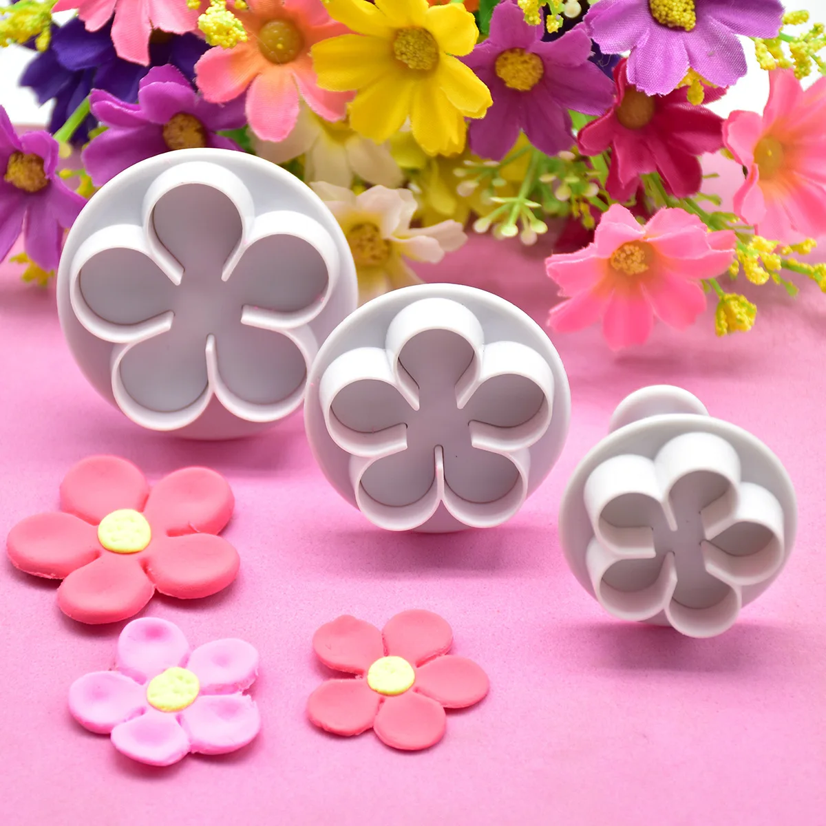 DIY Blossom Cake 3-Pack Flower Plunger Cookie Cutter Fondant Moulds Plastic Cake Decorating Tools Baking Accessories