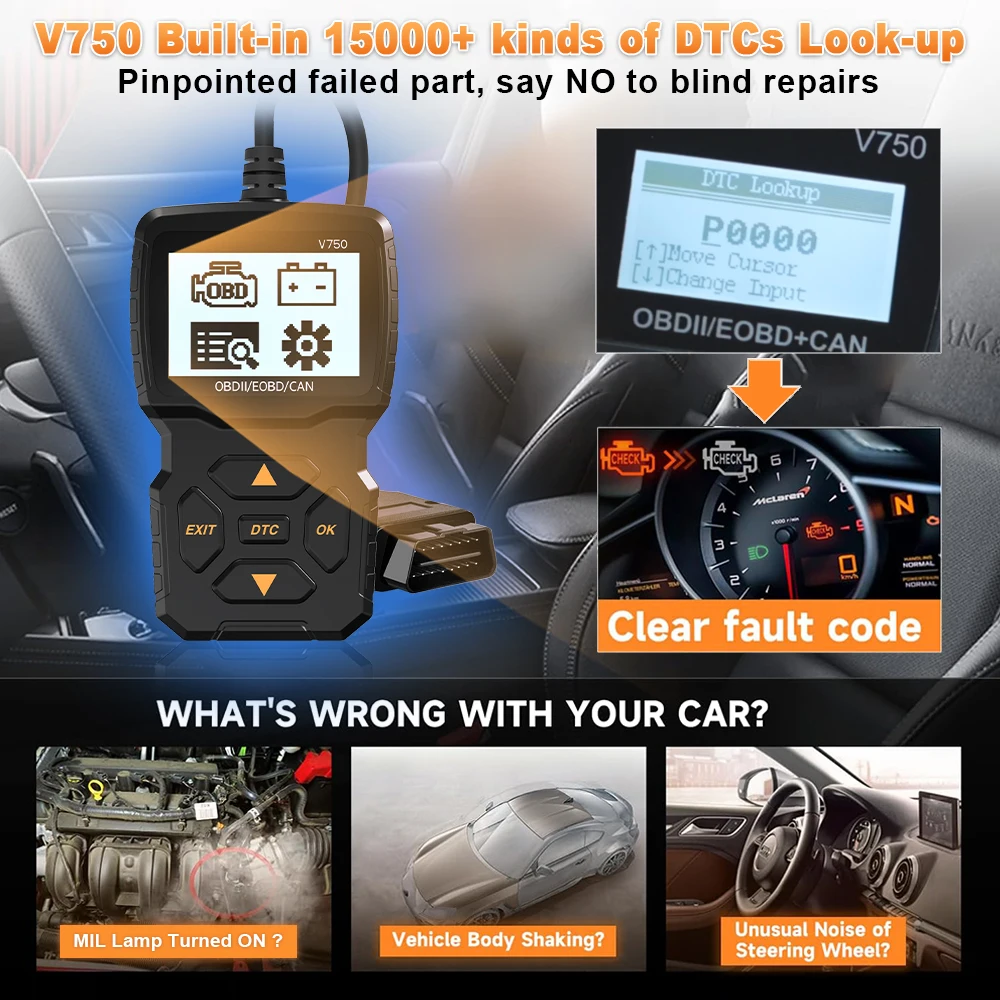 Picture 5: Car Diagnostic Tool Read Vehicle Information Check Engine System Code Reader Multi-language OBD2 Scanner V750 Battery Tester
