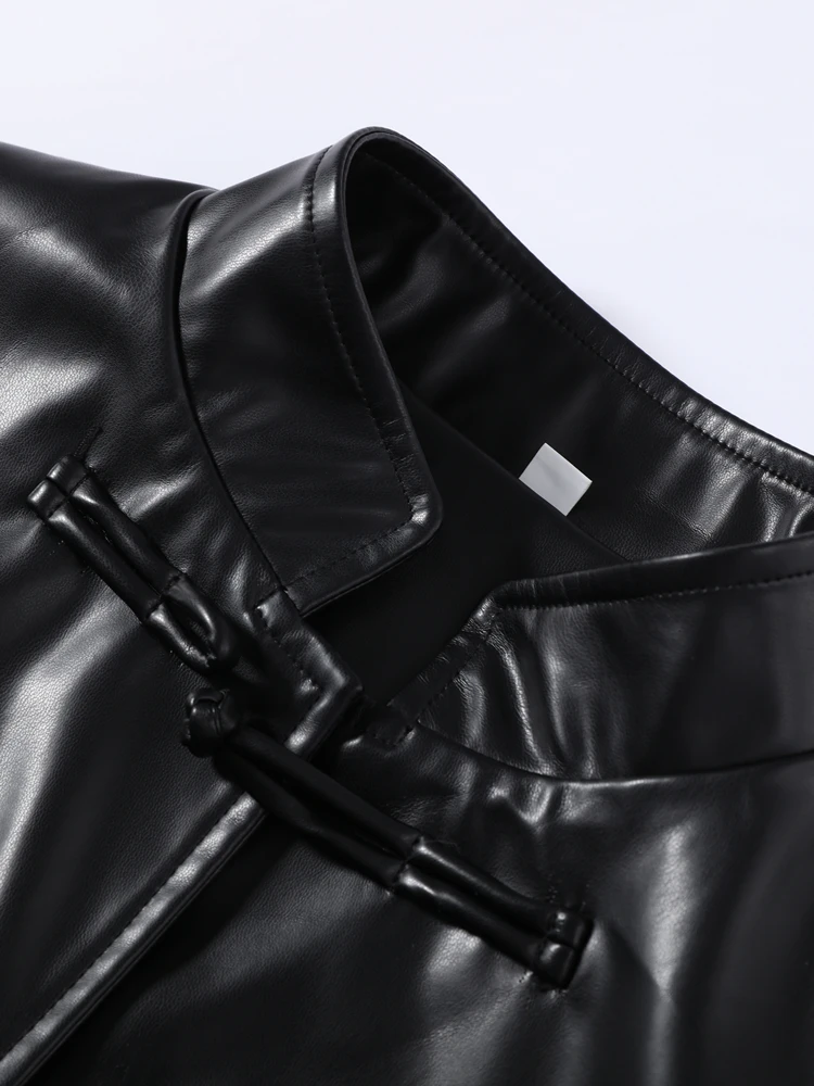 Damen Kunstlederjacken mit Stehkragen, Froschknöpfen und Gürtel, Streetwear, Langarm, Einreihig, Lockere Oberbekleidung – Detail 6