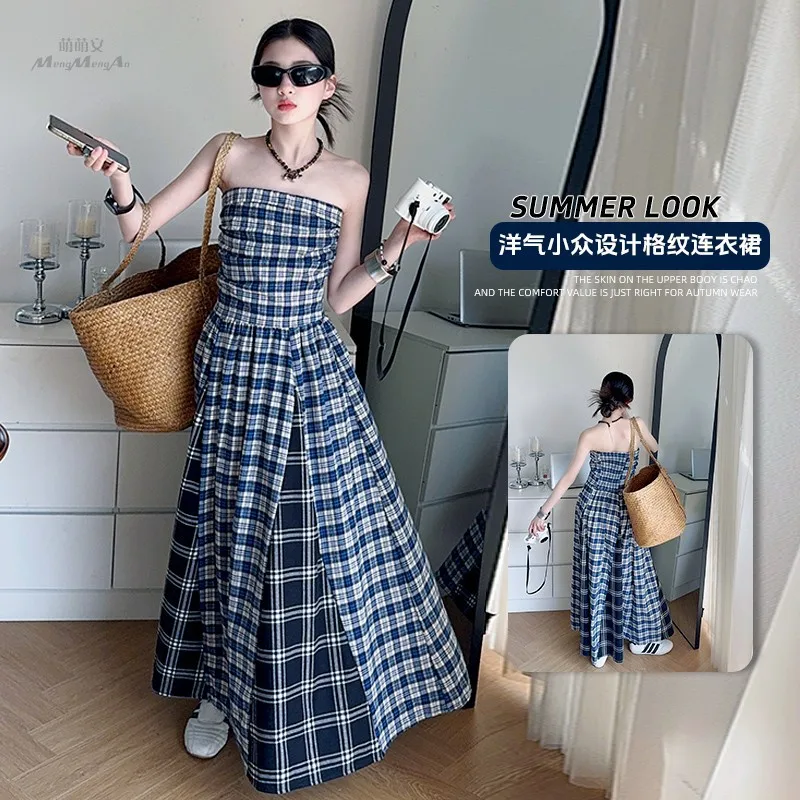 

teenage girls long dress summer plaids strapless open back off the shoulder beach vacation maxi dress kids clothes 6 to 16 yrs