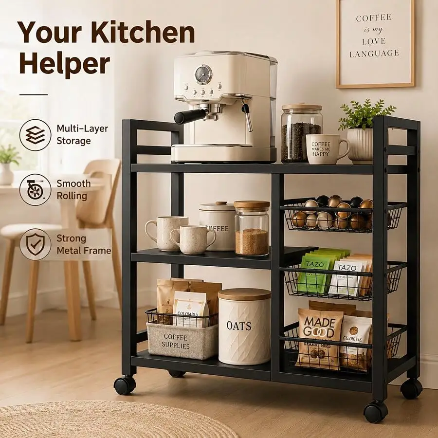 1pc Mobile Storage Rack, Adjustable 4-Tier Kitchen Shelving Unit With 3 Wire Baskets, Kitchen Storage Organizer, Wheeled Metal Shelf, Suitable For Garage, Pantry, Bathroom And Closet, Perfect Warm Housewarming Gift For New Homes view 2
