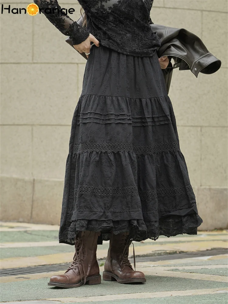 

HanOrange 2025 Autumn/Winter Lazy Retro Splicing Floral Lace Skirt 100% Cotton Dripping Feeling A-line Skirt Black