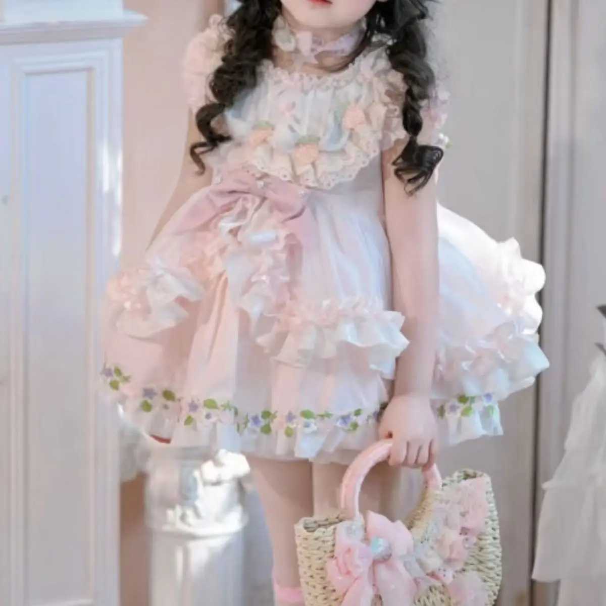 Baby Girl Summer Pink Sweet Lolita Lace Princess Ball Gown Floral Lace Sundress Birthday Holiday Party Eid Childen Clothing