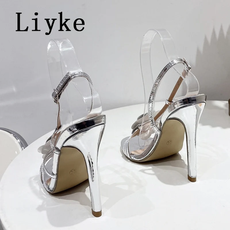 Liyke Fashion Design Patent Leather Flowers Open Toe Back Strap Sandal Women Silver High Heels Summer Party Prom Shoes Sandalias