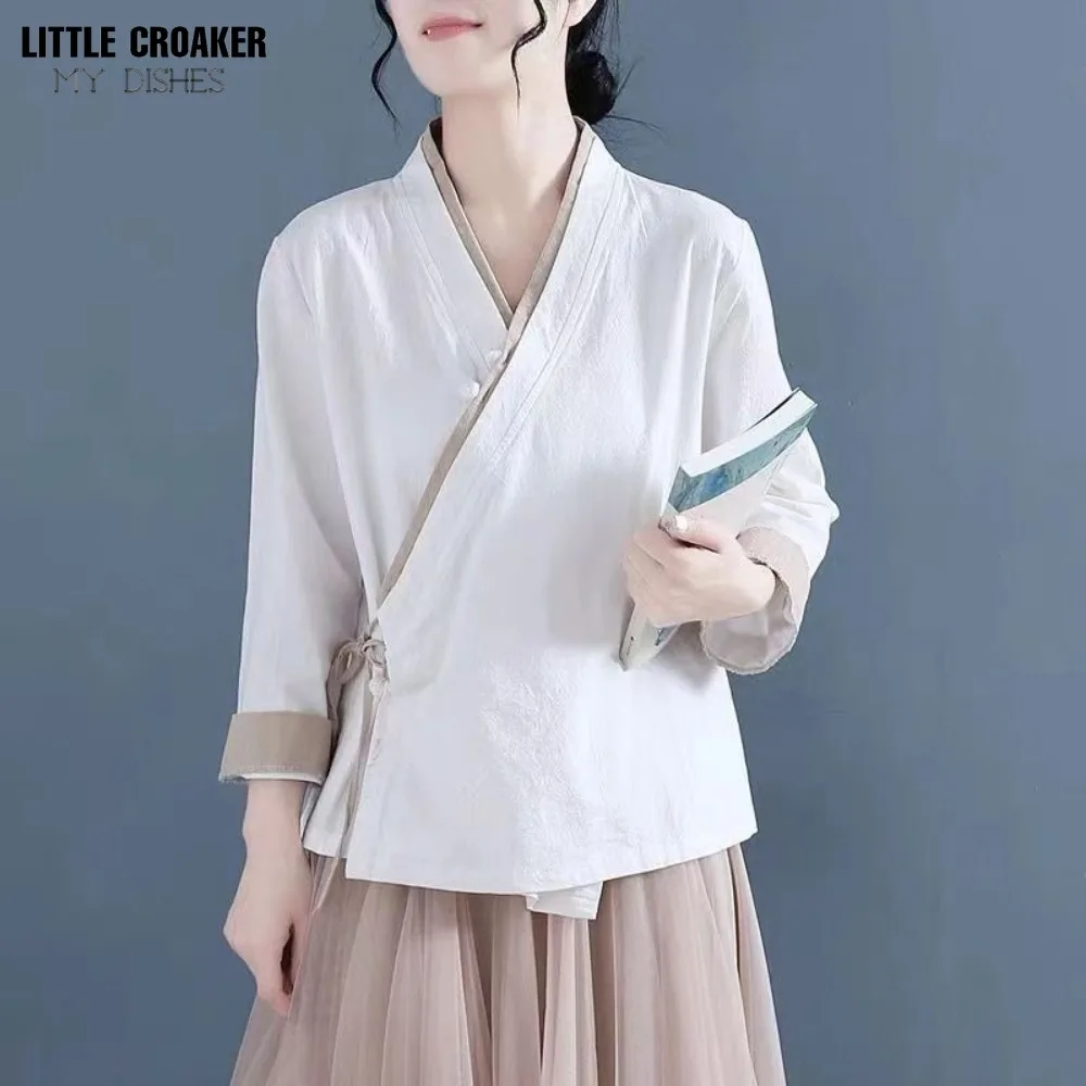 2024 Summer New Chinese Style Hanfu Blouse Women\'s Cross-collar Top Young Short Fresh Elegant Chinese Shirt Traditional Top