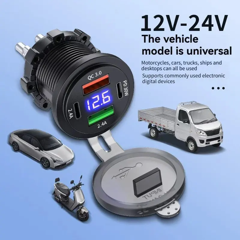 Multi-Port-Autoladegerät PD QC3.0 USB-Ladebuchse mit digitalem Voltmeter 12V/24V für Motorrad, Auto, Boot, Marine, LKW, Bus – Detail 1