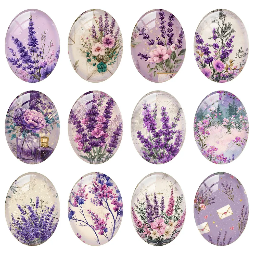 Random Mixed Round/Oval/Square Soft Purple Lavender Countryside Photo Glass Cabochon Flatback Demo Cameo For Diy Jewelry Making