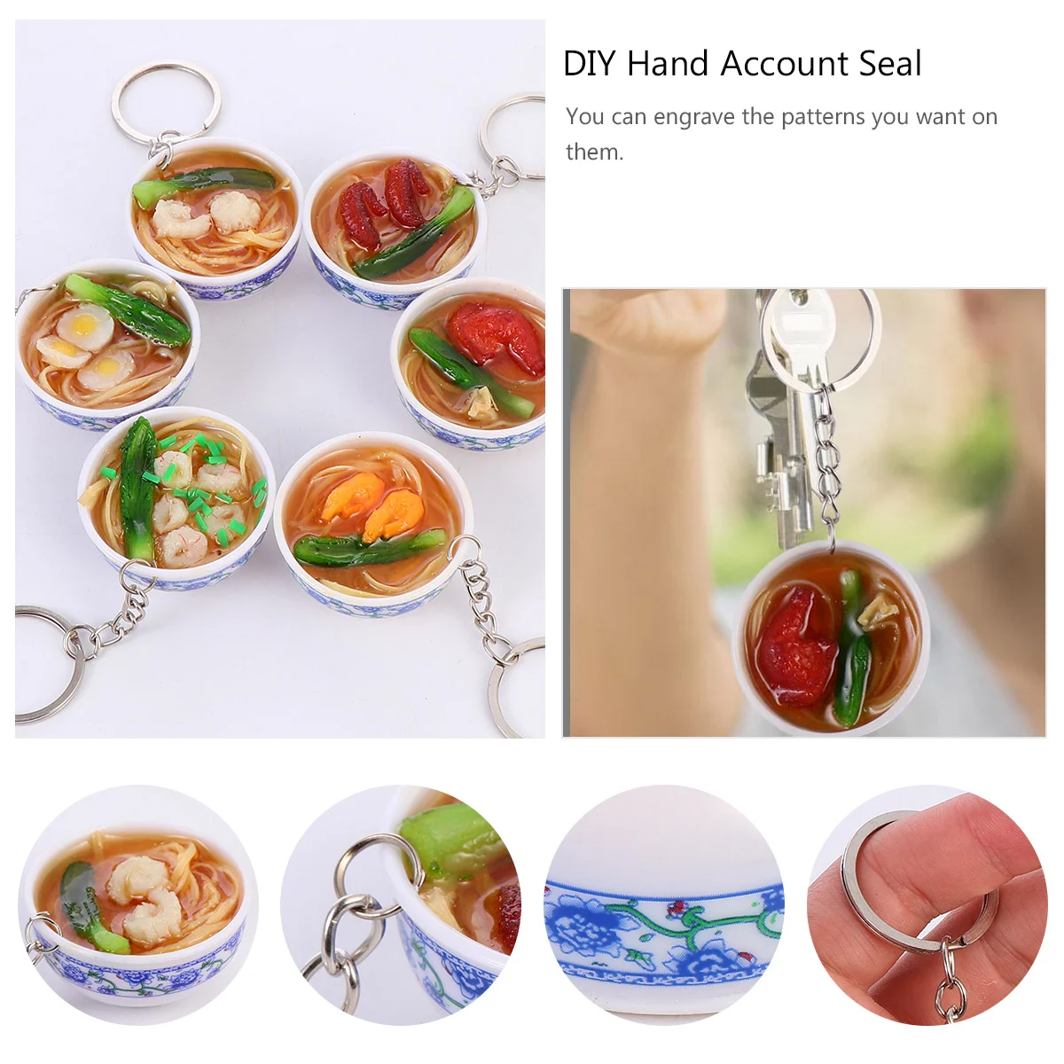 6 Pcs Simulation Food Blue and White Porcelain Bowl Noodle Pendant Key Chain Children’s Toys Children's Alloy Keychain