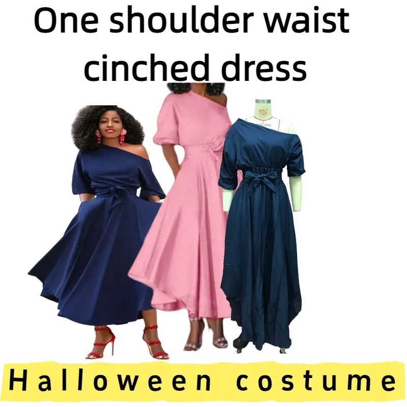 

European American Women's One-Shoulder Waist-Cinched Midi Dress for Daily Wear Casual Outings Weekend Parties Evening Gatherings