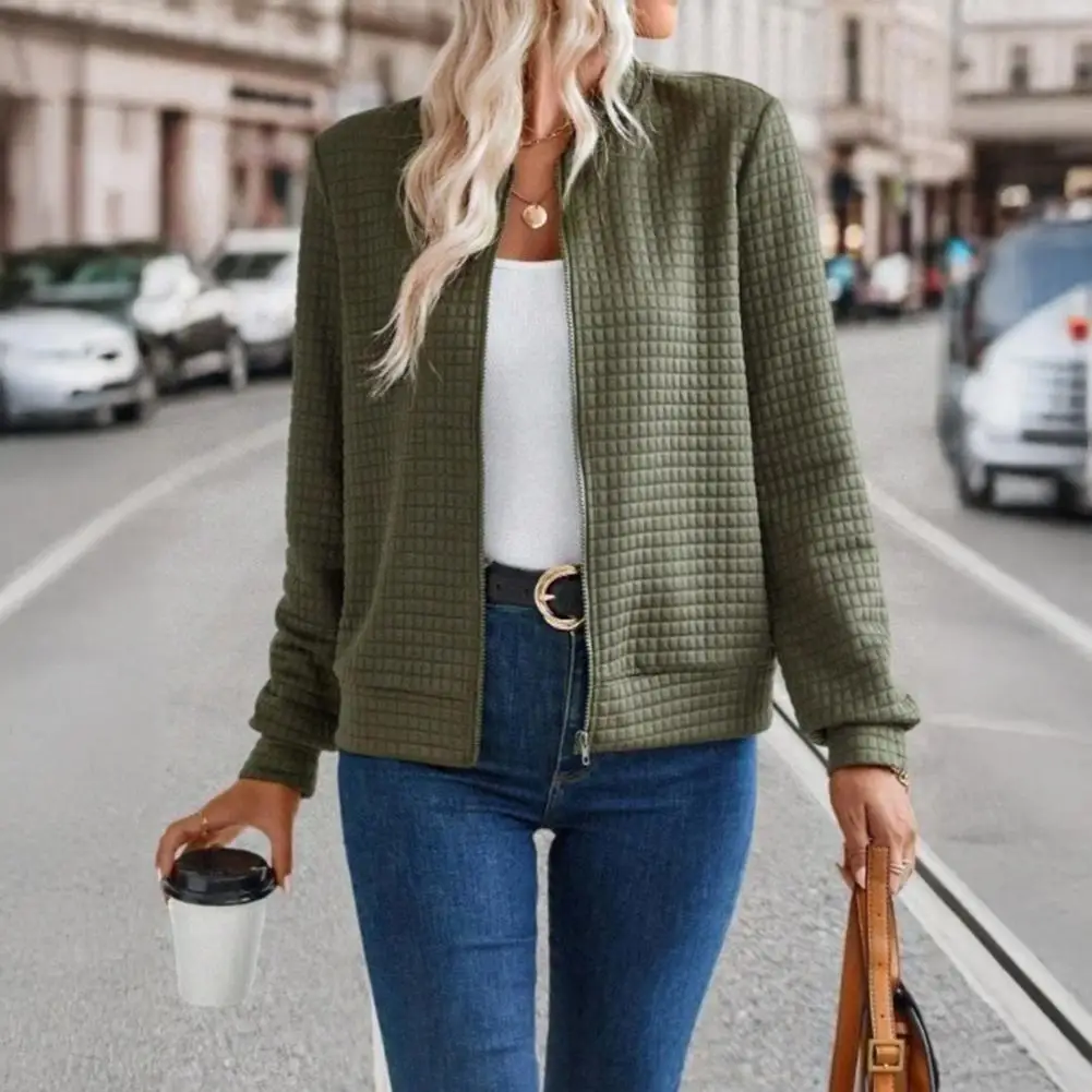 

2025 High-quality women Jacket Slim-fit Quilted Full Zip Up Jacket Long Sleeve Stand Collar Waffle Casual Sweatshirt Outerwear