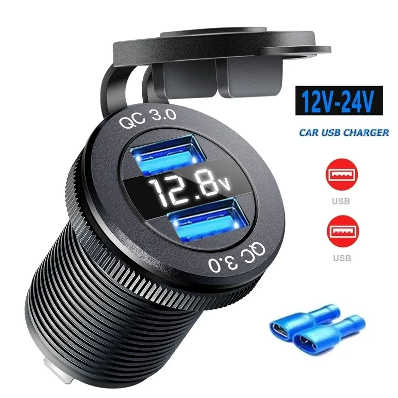 

QC3.0 Dual USB Fast Charger Socket Waterproof Power Outlet Adapter with LED Digital Voltmeter for 12V/24V Car Boat Marine