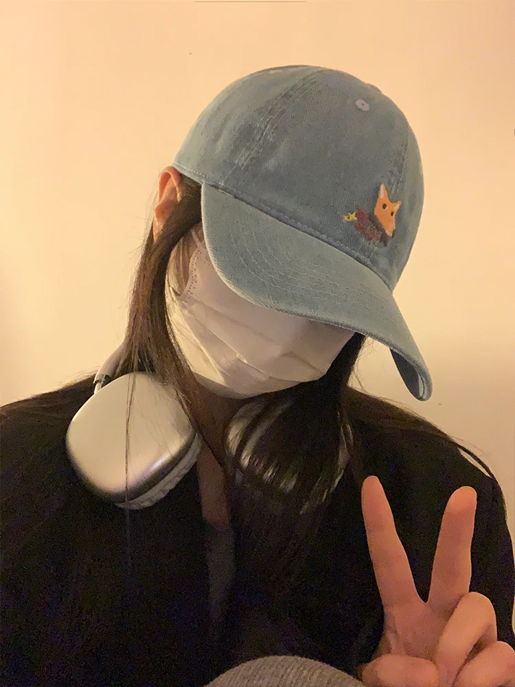 Cute  Embroidery Washable Denim Baseball Cap Women Large Circumference Face Slimming Soft Top Duckbill Hat Versatile Sunsh...