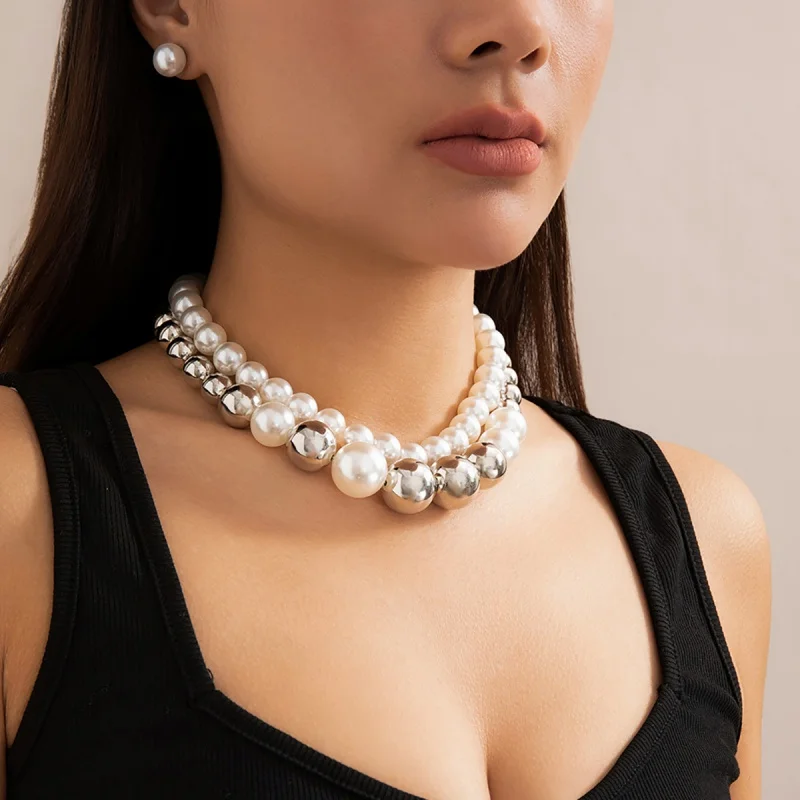 Light Luxury Jewelry Exaggerated Large Beads Ins Short Necklace Choker Punk Temperament Imitation Pearl Collar