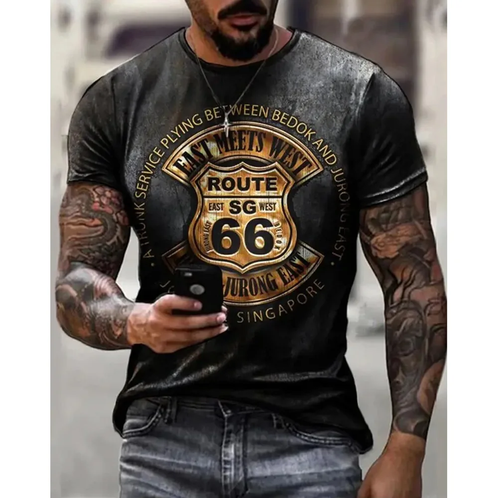 2024 New men's retro T-shirt 3D printed American plus-size hip-hop personality 66 designed short-sleeved everyday casual clothin