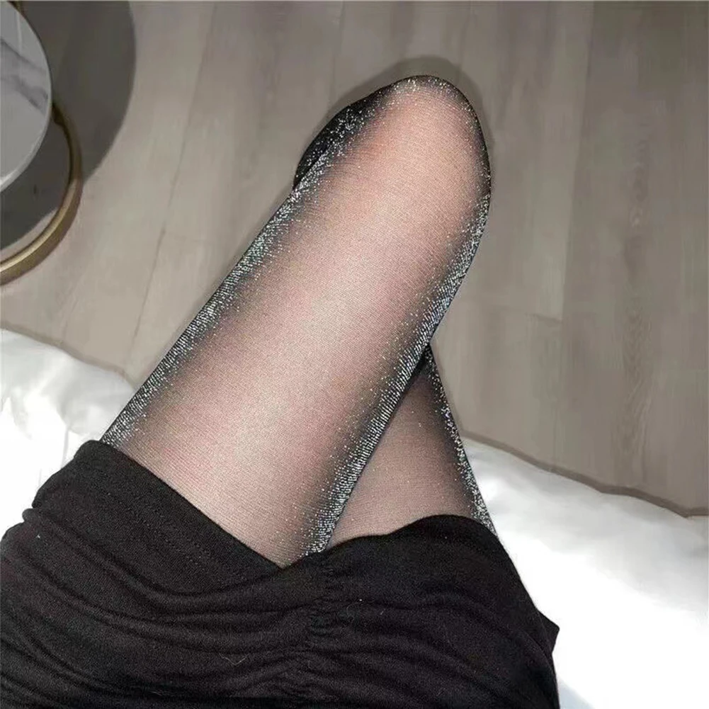 Women Sexy Shiny Tights Comfortable Sparkle Breathable Night Party Silver Glitter Ultra-Thin Stockings See Through Pantyhose