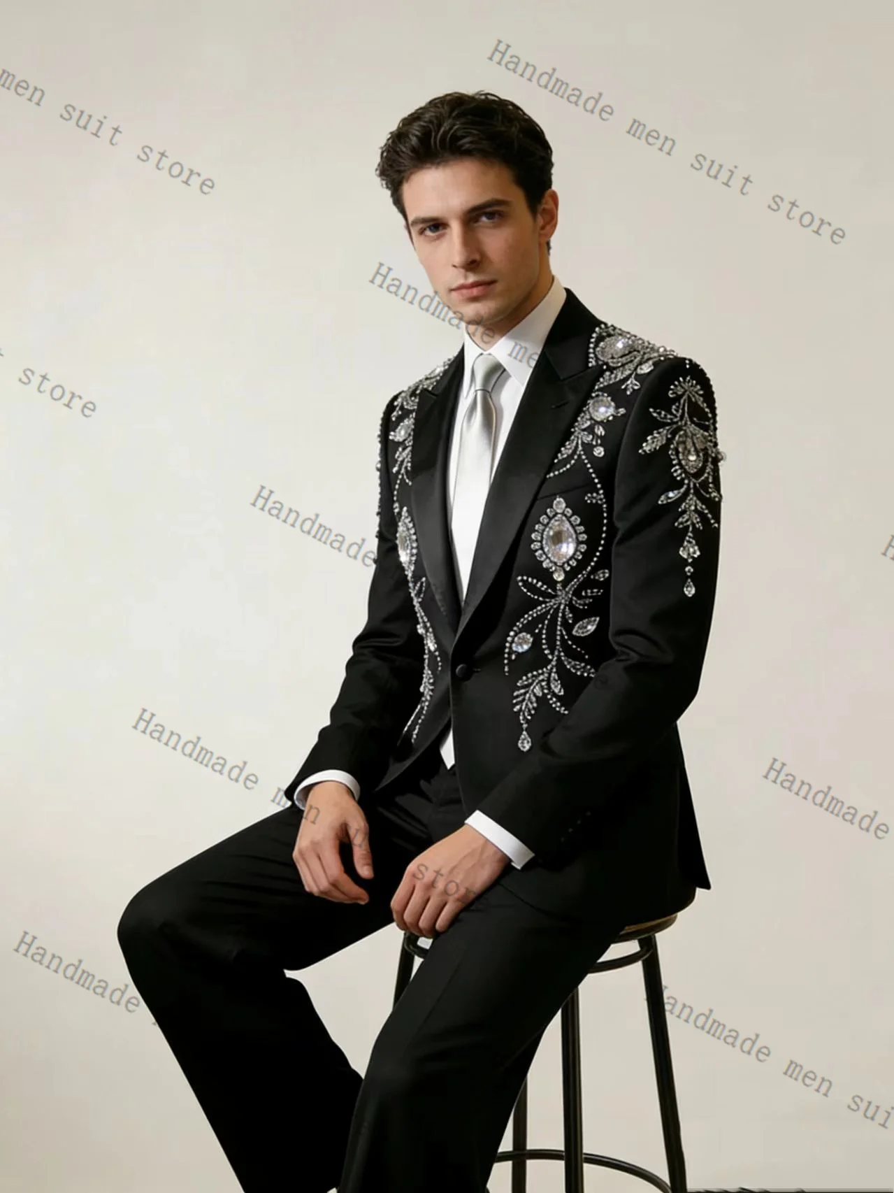 Black Men Suit Set 2 Piece Blazer+Pants Stone Spring Cotton Prom Wedding Tuxedos Coat Customized Formal Office Fashion Jacket