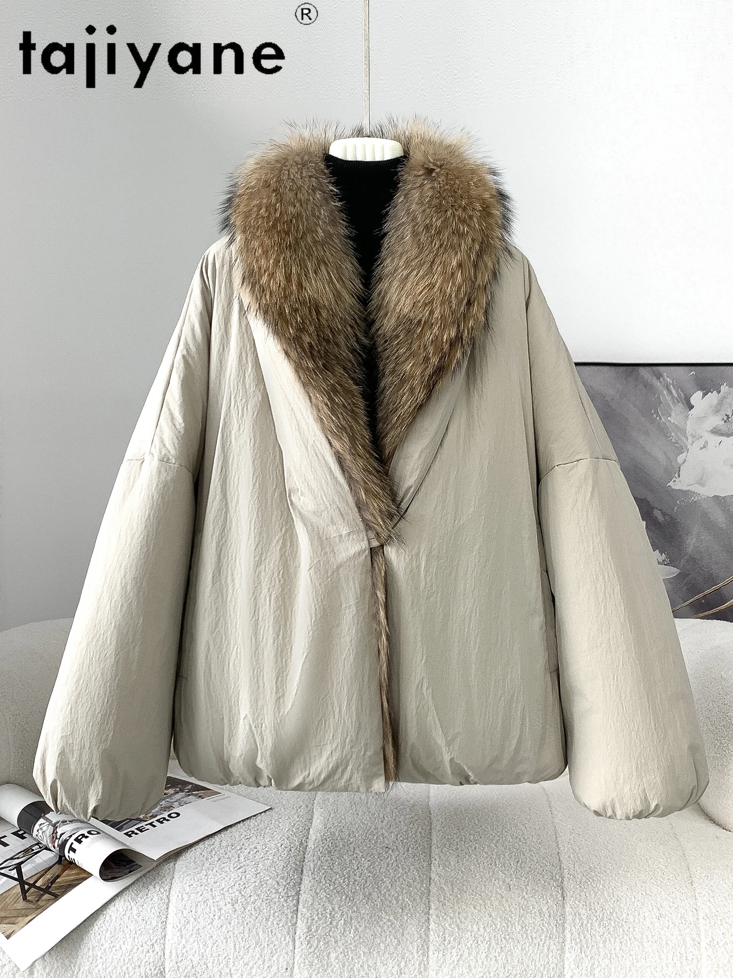 TAJIYANE أوزة أسفل معطف المرأة انفصال الراكون الفراء طوق سترة معاطف قسط ملابس خارجية دافئة 2025 الشتاء ملابس امرأة